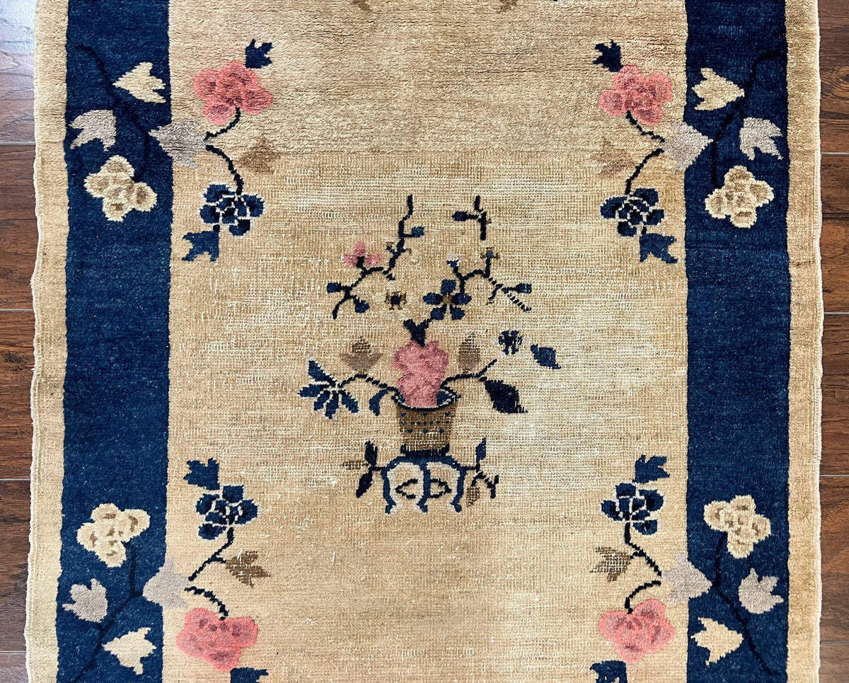 Antique Chinese Peking Rug 3x6, Beige and Dark Blue Hand Knotted Handmade Asian Oriental Carpet, Floral Vases, Vintage Wool Art Deco Rug
