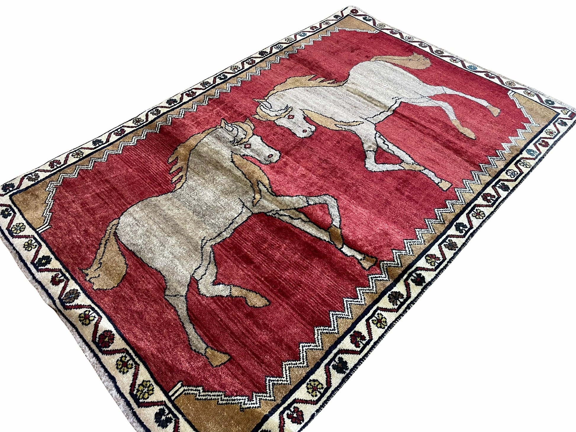 4 X 6 Handmade Hand-Knotted New Vintage Rug Wool Horses Red Organic Dyes Tribal - Nuvé