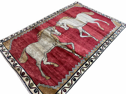 4 X 6 Handmade Hand-Knotted New Vintage Rug Wool Horses Red Organic Dyes Tribal - Nuvé