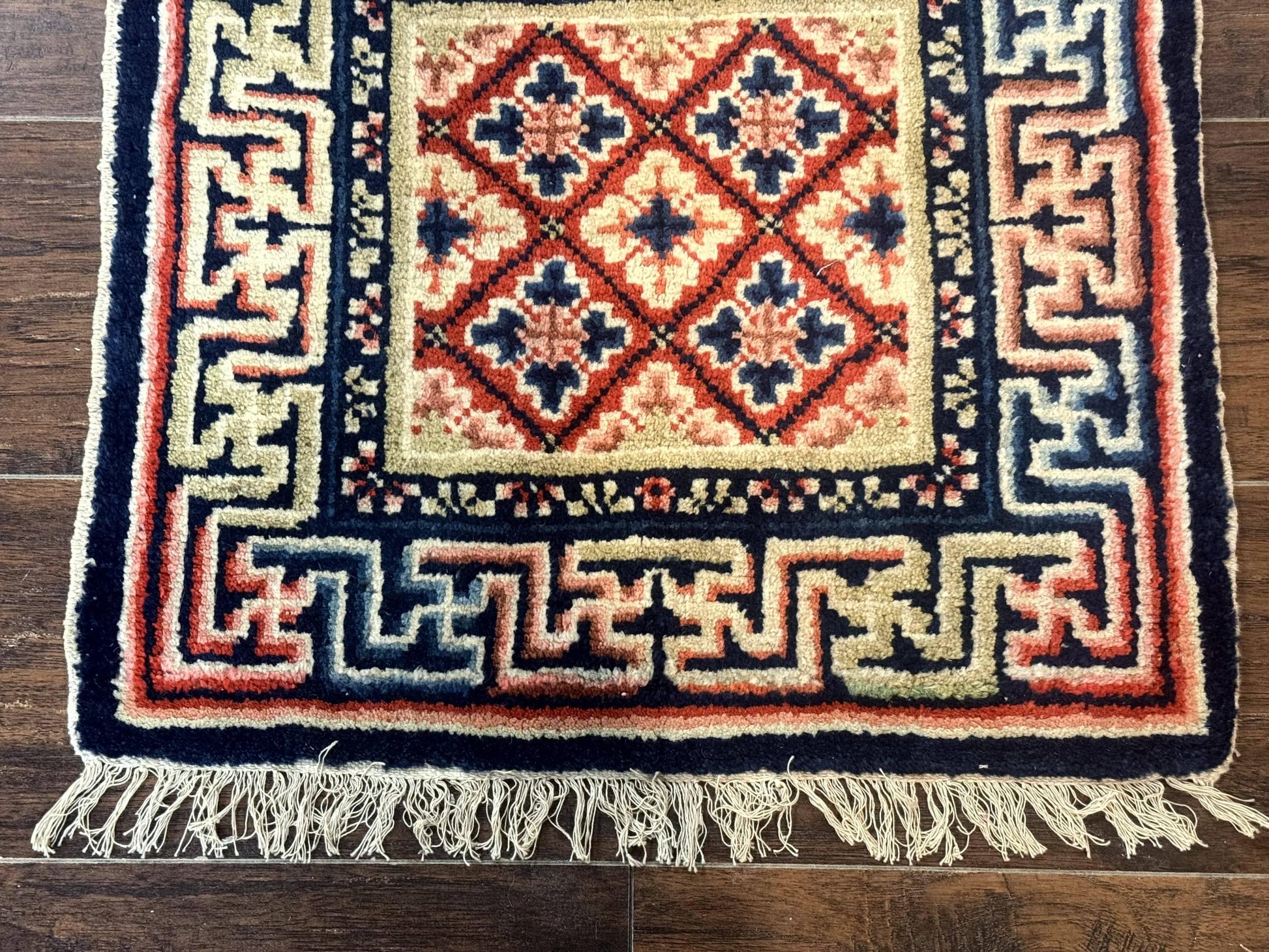 Small Antique Chinese Rug 2x2, Red Blue Square Rug Mat, Handmade, Tibetan Rug - Nuvé
