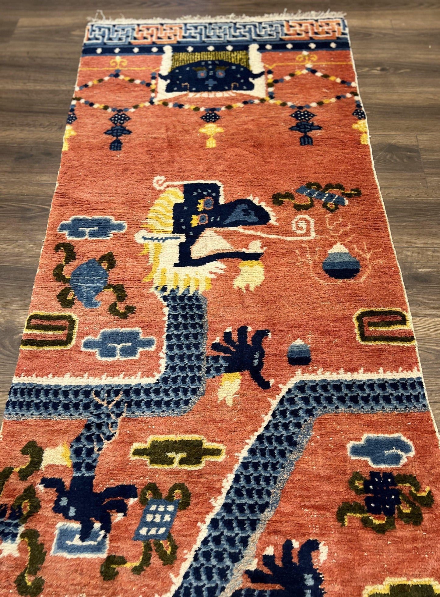 Rare Chinese Ningxia Pillar Rug 3x8, Late Qing Dynasty, 5 Clawed Dragon, Cloud Rainbow Border, Collectible Antique Carpet, Wool Hand Knotted - Nuvé