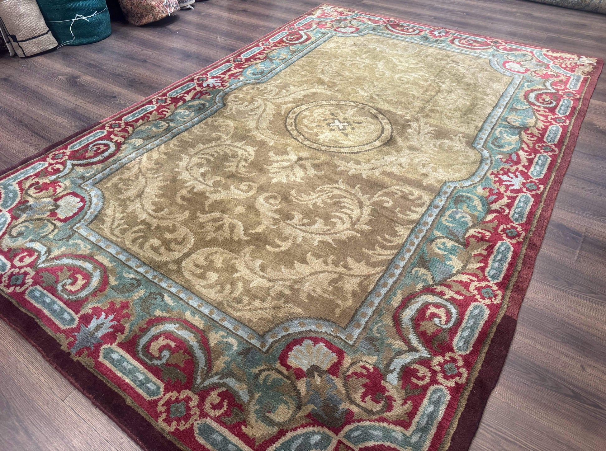 Tibetan Aubusson Rug 6x9, Gold-Beige, Soft Wool Pile, Handmade - Nuvé