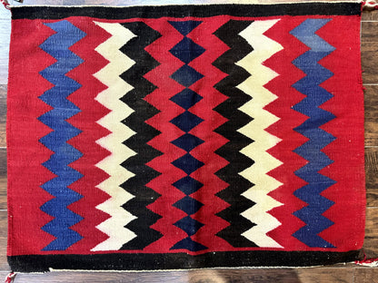 Antique Navajo Rug 3.7 x 2.8, Red Ivory Blue, Zig Zag Pattern, Handmade, Wool - Nuvé