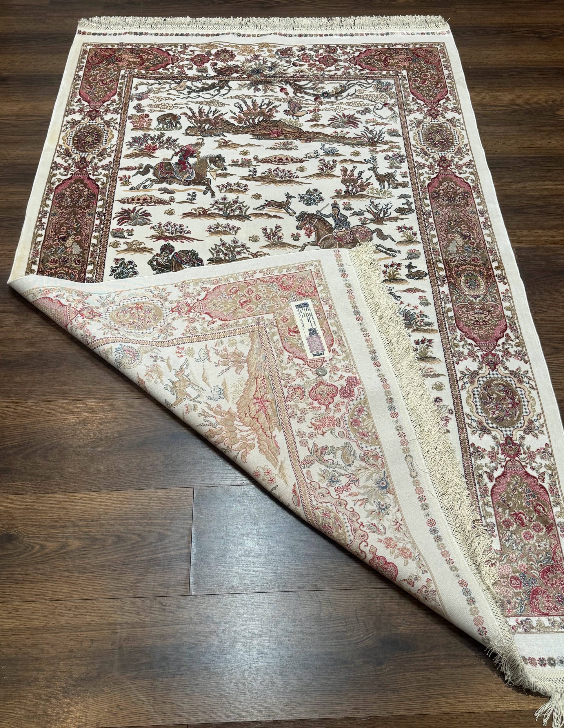 Turkish Silk Hunting Scene Rug 4x6, Ivory, Bamboo Silk, New - Nuvé