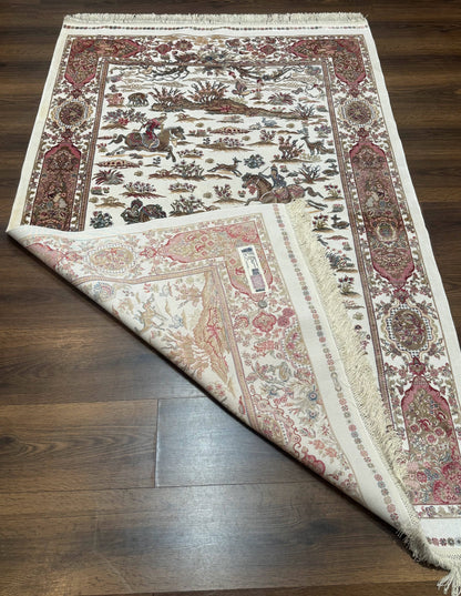 Turkish Silk Hunting Scene Rug 4x6, Ivory, Bamboo Silk, New - Nuvé