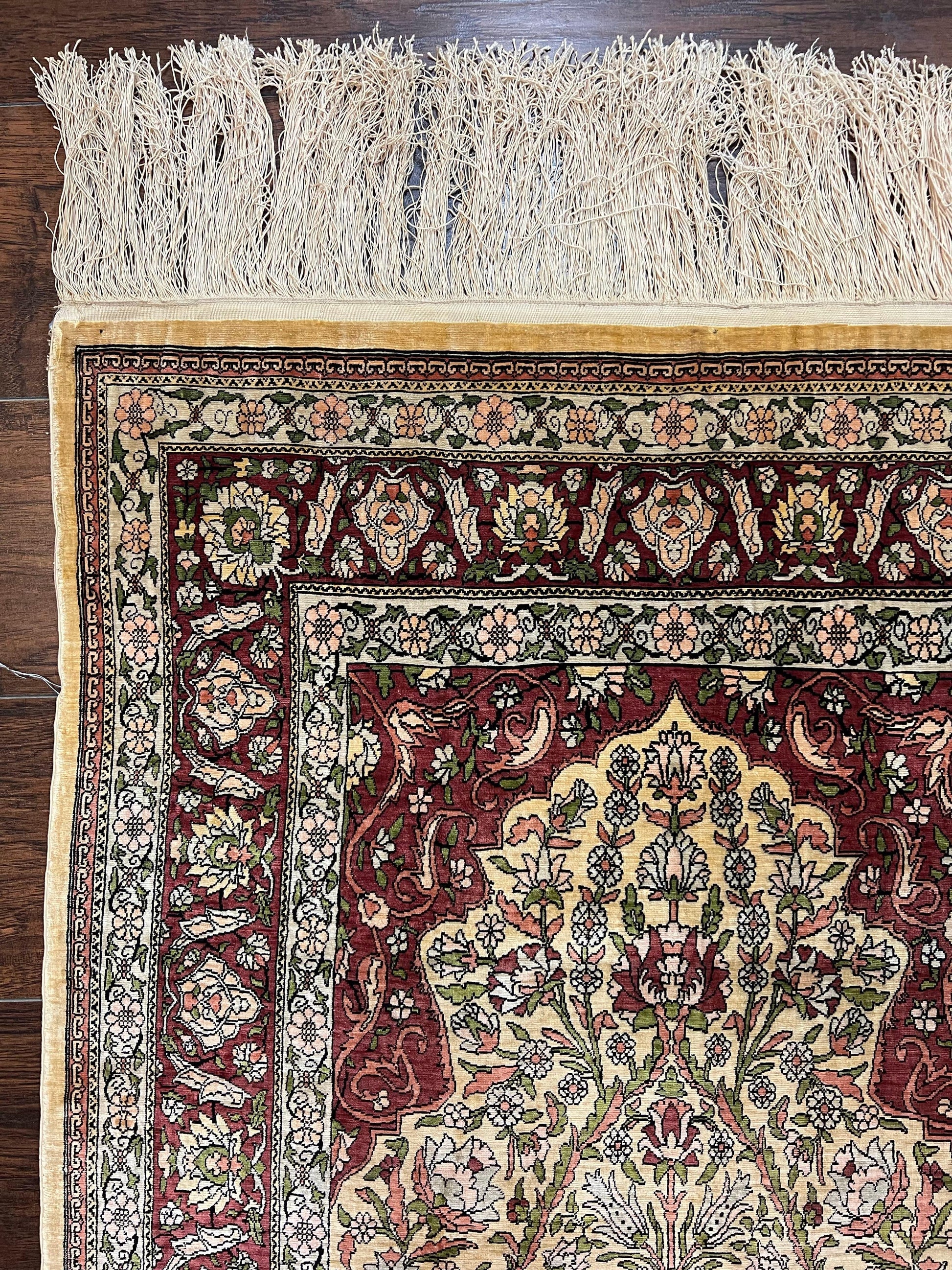 Wonderful Silk Turkish Hereke Prayer Rug 2.8 x 4.5, Tree of Life Design, Signature from Master Weaver, Gold and Burgundy, Handmade, 625 KPSI - Nuvé