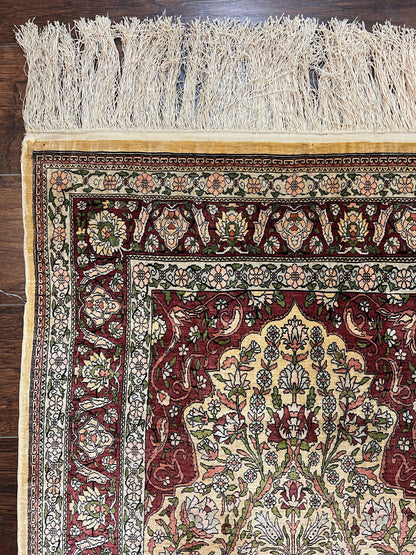 Wonderful Silk Turkish Hereke Prayer Rug 2.8 x 4.5, Tree of Life Design, Signature from Master Weaver, Gold and Burgundy, Handmade, 625 KPSI - Nuvé