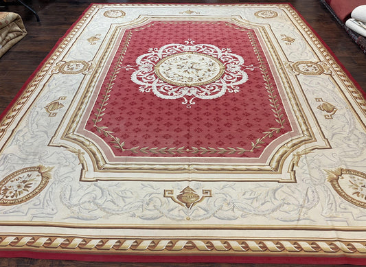 Aubusson Rug 9x12 ft, Red and Ivory Elegant Aubusson Carpet, Flatweave, Vintage Wool Handmade Area Rug 9 x 12, French European Design - Nuvé