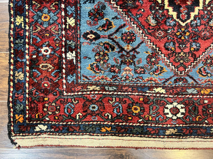 Antique Persian Tribal Rug 4x7, Wool Handmade 1920s Carpet, Red Blue, Persian Hamadan Rug - Nuvé