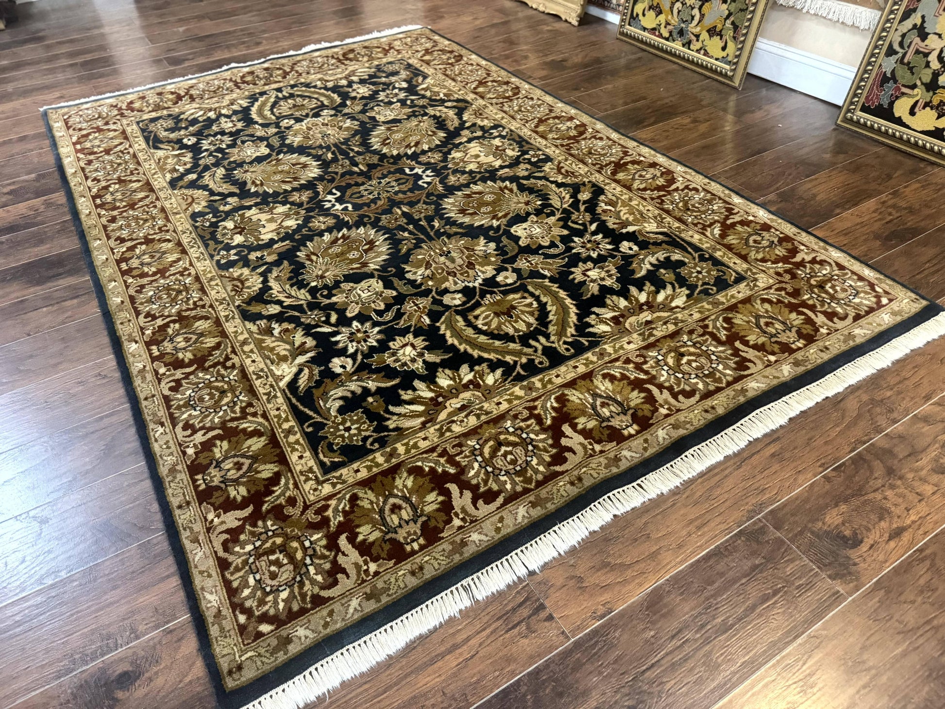 Indian Agra Rug 6x9, Floral, Traditional Rug, Dark Green Maroon Tan - Nuvé