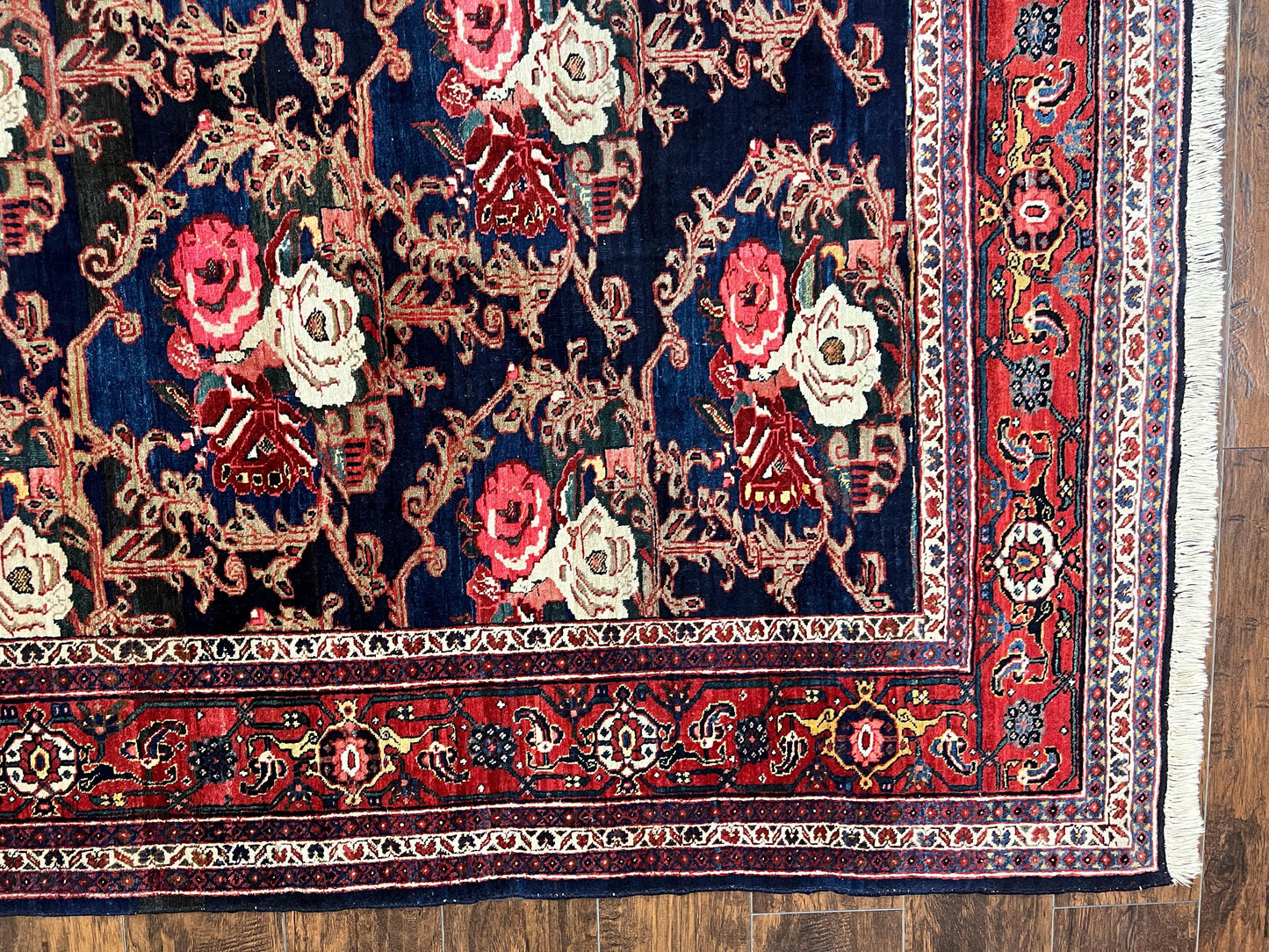 Persian Bidjar Rug 8x11, Floral Bouquets, Blue Black Red Pink, Handmade Hand Knotted Vintage Semi Antique Oriental Carpet - Nuvé