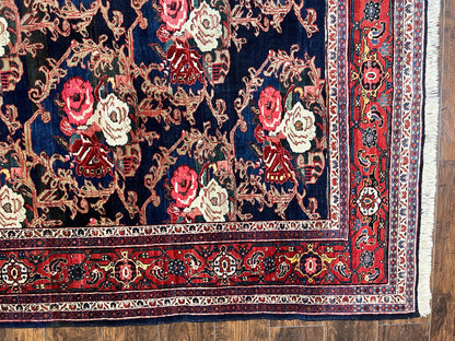 Persian Bidjar Rug 8x11, Floral Bouquets, Blue Black Red Pink, Handmade Hand Knotted Vintage Semi Antique Oriental Carpet - Nuvé