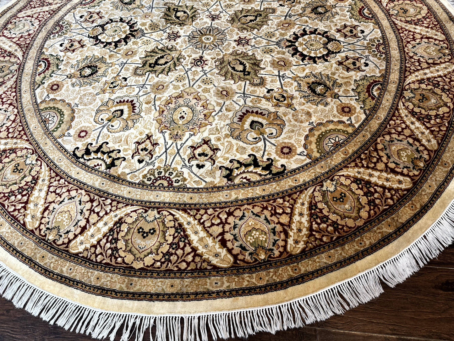 Round Pak Persian Rug 8x8, Vintage Handmade Wool Traditional Carpet, Beige Dark Red, Fine 270 KPSI - Nuvé