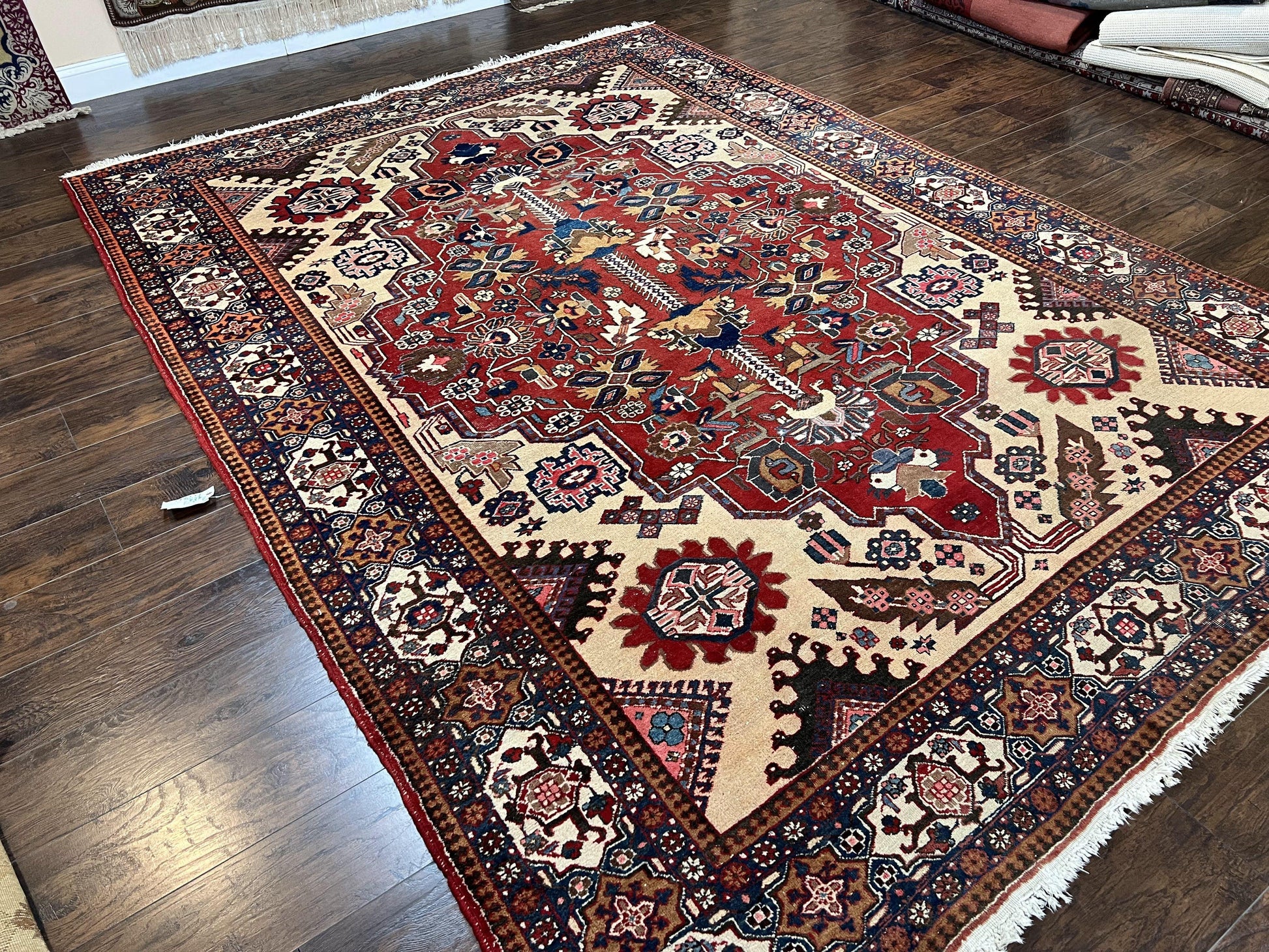 Antique Persian Heriz Rug 8x12 ft, Geometric Tribal Room Sized Carpet, Camel Hair Red Navy Blue, Wool Hand Knotted Medallion Oriental Carpet - Nuvé