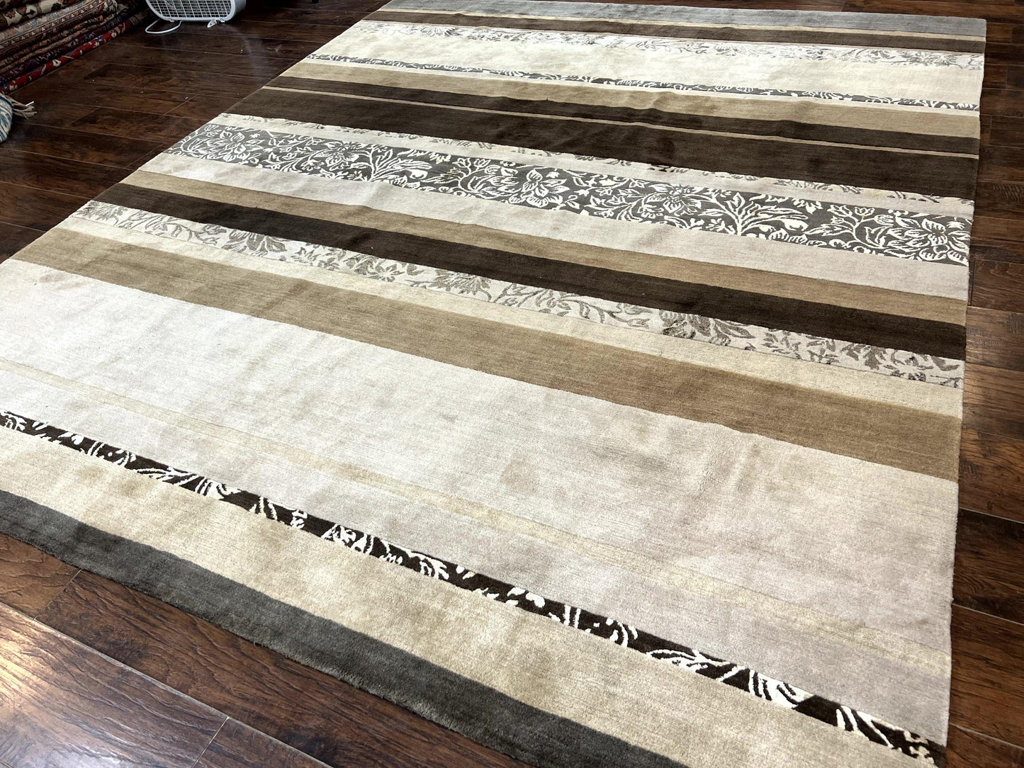Modern Tibetan Nepali Rug 8x12, Stripe Pattern, Wool with Silk Highlights, Handmade, Beige Tan Brown - Nuvé