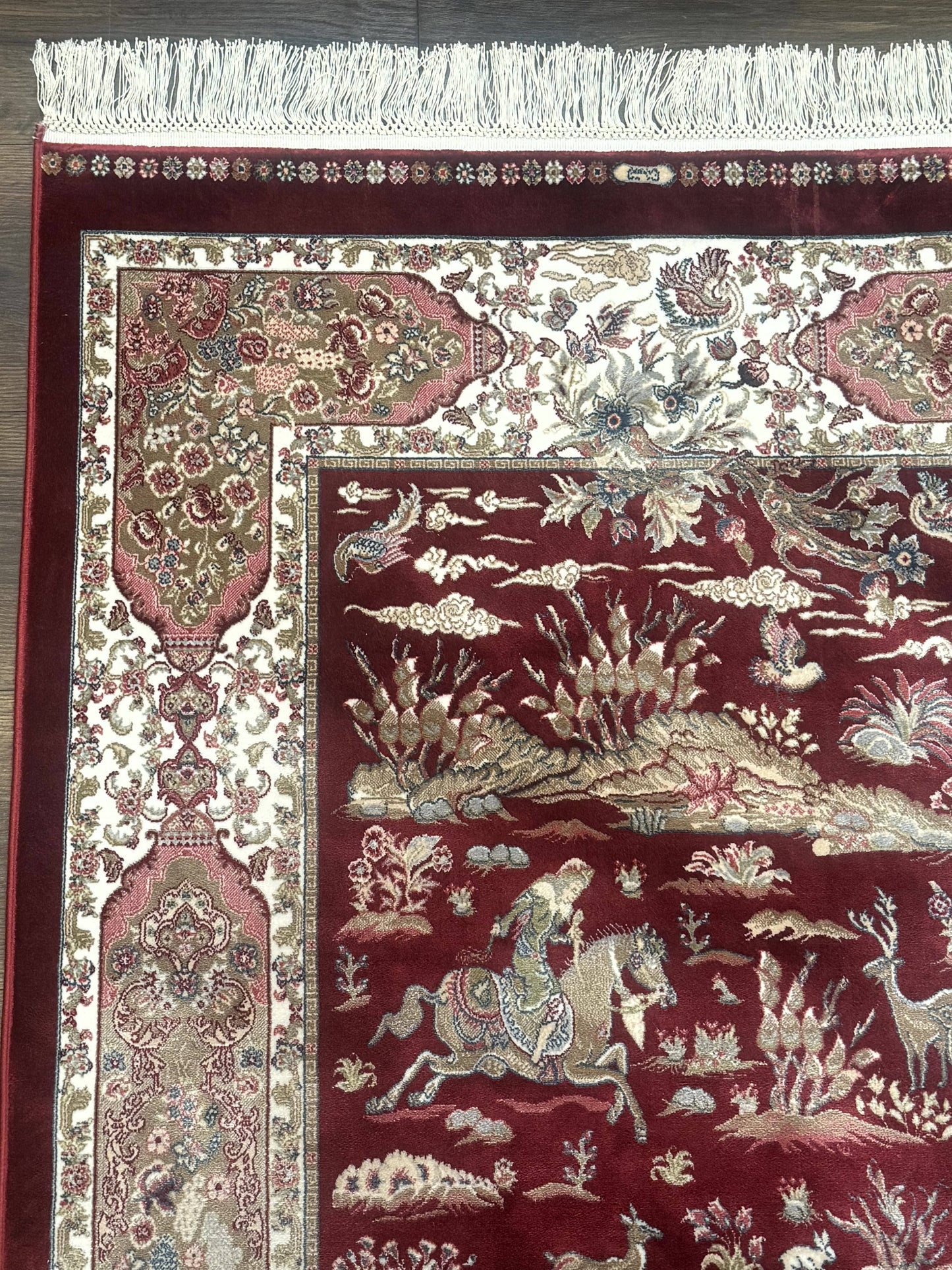 Turkish Silk Rug 3x5, Hunting Design, Dark Red & Ivory, Bamboo Silk, New - Nuvé