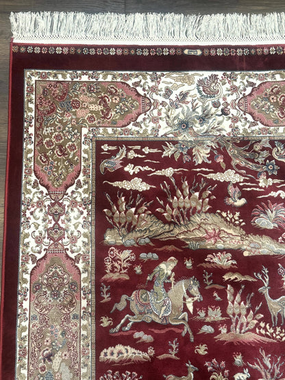 Turkish Silk Rug 3x5, Hunting Design, Dark Red & Ivory, Bamboo Silk, New - Nuvé