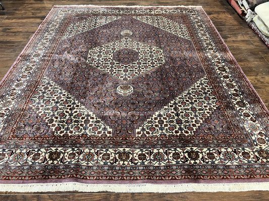 Indo Persian Bidjar Rug 8x10, Purple and Ivory Hand Knotted Wool Vintage Oriental Carpet, Herati Mahi Pattern, 8 x 10 Traditional Fine Rug - Nuvé