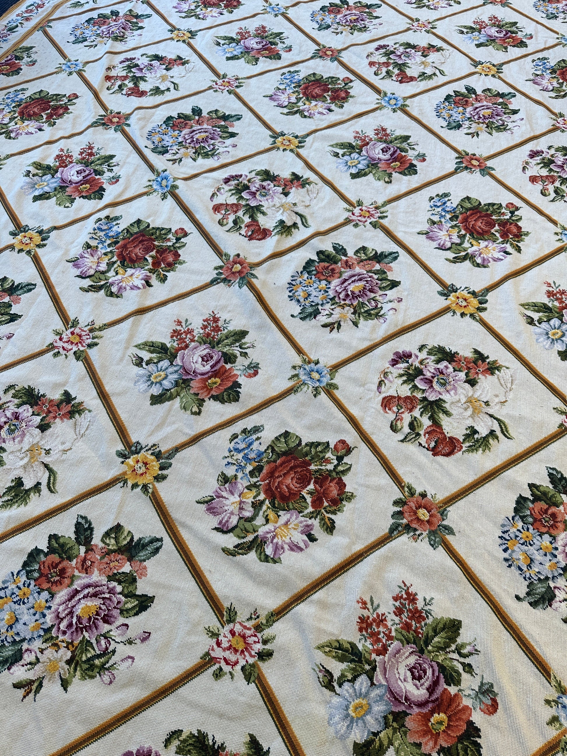 Handmade Needlepoint Floral Wool Rug – 9' 7" x 13' 5" – Vintage European Tapestry Style - Nuvé