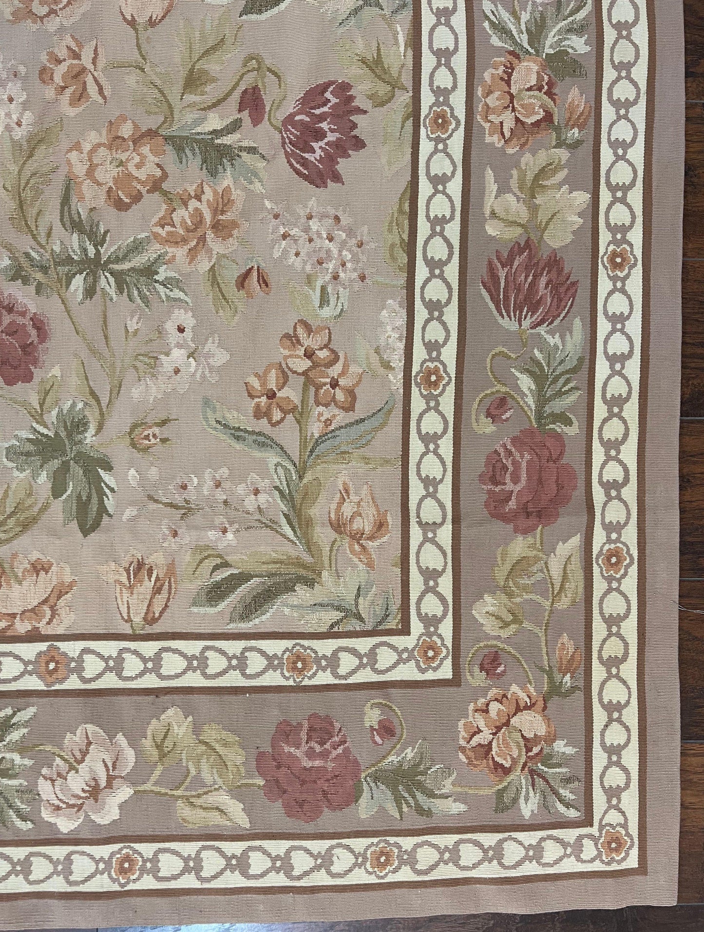 Aubusson Rug 9x12, Pink Beige Light Mauve, Handmade Allover Floral Roses, Wool Flatweave Carpet 9 x 12 ft, European French Design, Elegant - Nuvé