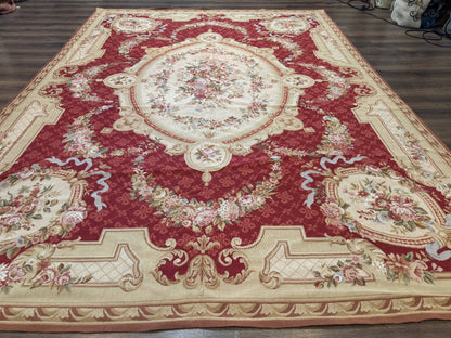Aubusson Rug 8x11, Needlepoint Carpet, Red Ivory Beige, Vintage, French European Design - Nuvé