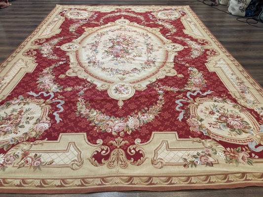 Aubusson Rug 8x11, Needlepoint Carpet, Red Ivory Beige, Vintage, French European Design - Nuvé