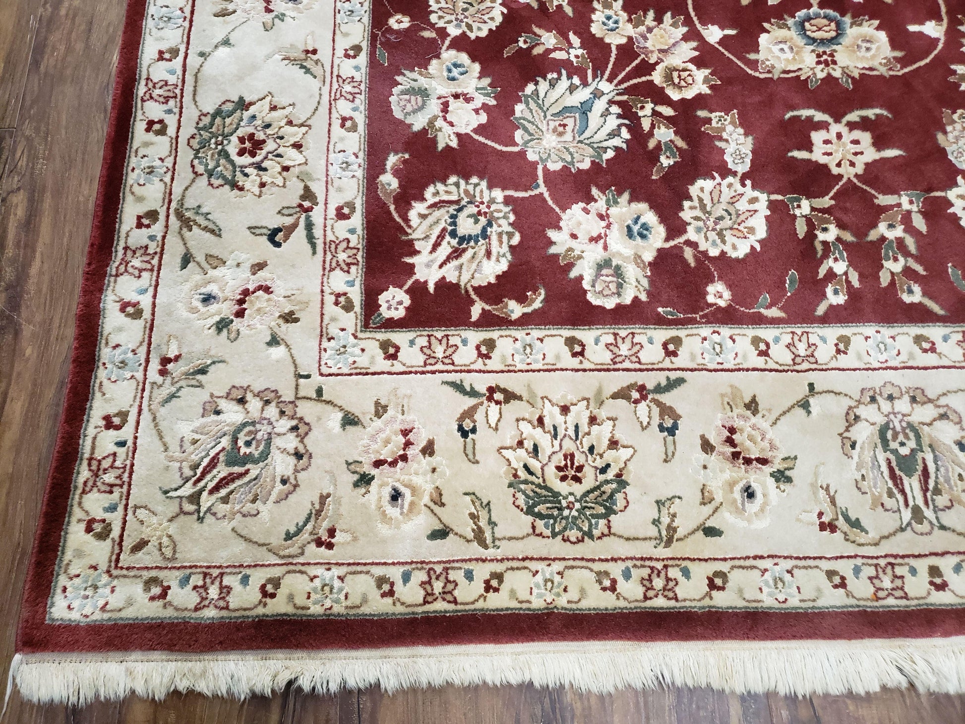 Vintage Traditional Oriental Area Rug, Hand-Knotted, Wool & Silk Accents, Maroon Red and Beige, 6x9 Carpet, 5' 9" x 9' - Nuvé