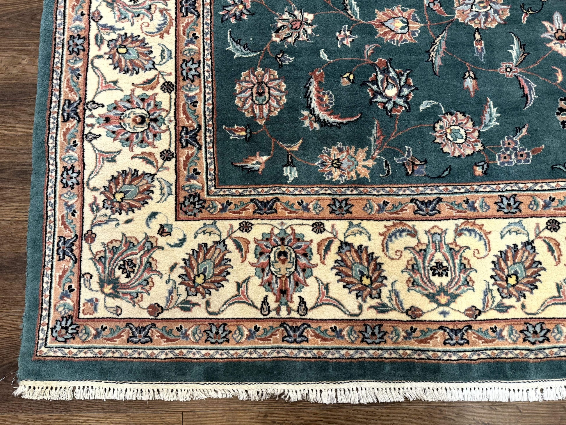 Indo Persian Rug 8x10, Green and Beige Oriental Carpet, Traditional Wool Area Rug, Floral Allover Pattern - Nuvé