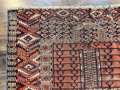 Antique Turkoman Rug 4x4, Hatchli Square Carpet, Wool Handmade Four Season Yamud Design Rug, Red Bohemian Tribal Rug, Engsi Tekkeh Rug - Nuvé
