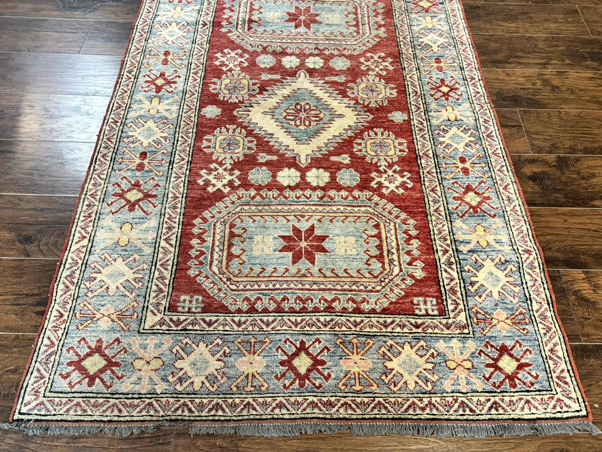 Turkish Kazak Rug 4x6, Handmade Vintage Wool Carpet, Geometric Design, Red and Light Blue - Nuvé