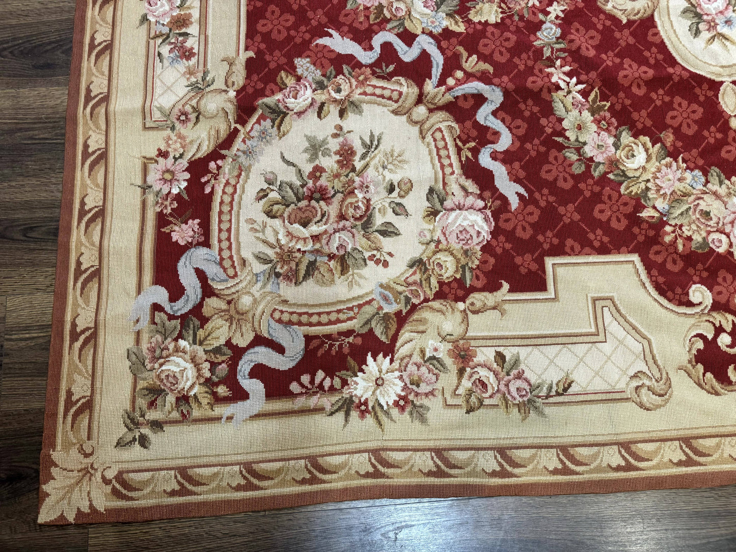 Aubusson Rug 8x11, Needlepoint Carpet, Red Ivory Beige, Vintage, French European Design - Nuvé