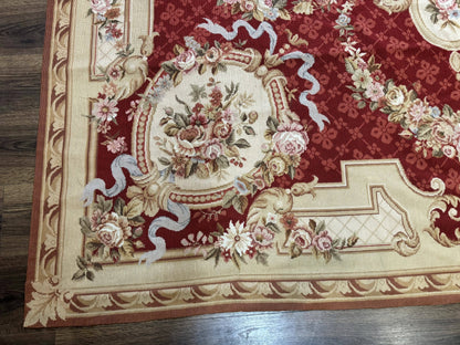 Aubusson Rug 8x11, Needlepoint Carpet, Red Ivory Beige, Vintage, French European Design - Nuvé