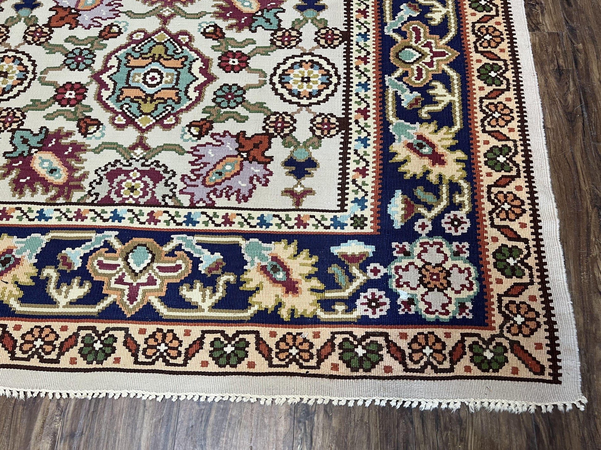 Antique Turkish Kilim Rug 7x10 Allover Pattern, Ivory Cream Maroon Light Blue, Wool Flatweave Hand Woven, Large Kilim, Vintage Kilim Carpet - Nuvé