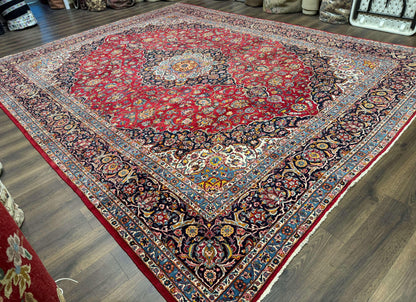 Large Persian Kashan Rug 11x14, Traditional Persian Carpet, Wool, Fine 250 KPSI, Red Navy Blue - Nuvé