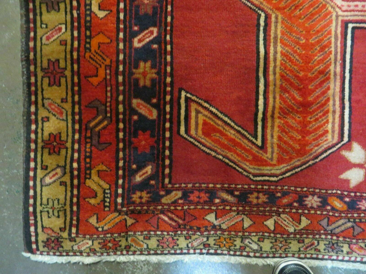 4' 10" X 11' Antique Handmade Turkish Kazak Wool Rug SHIELD Hand Knotted Red