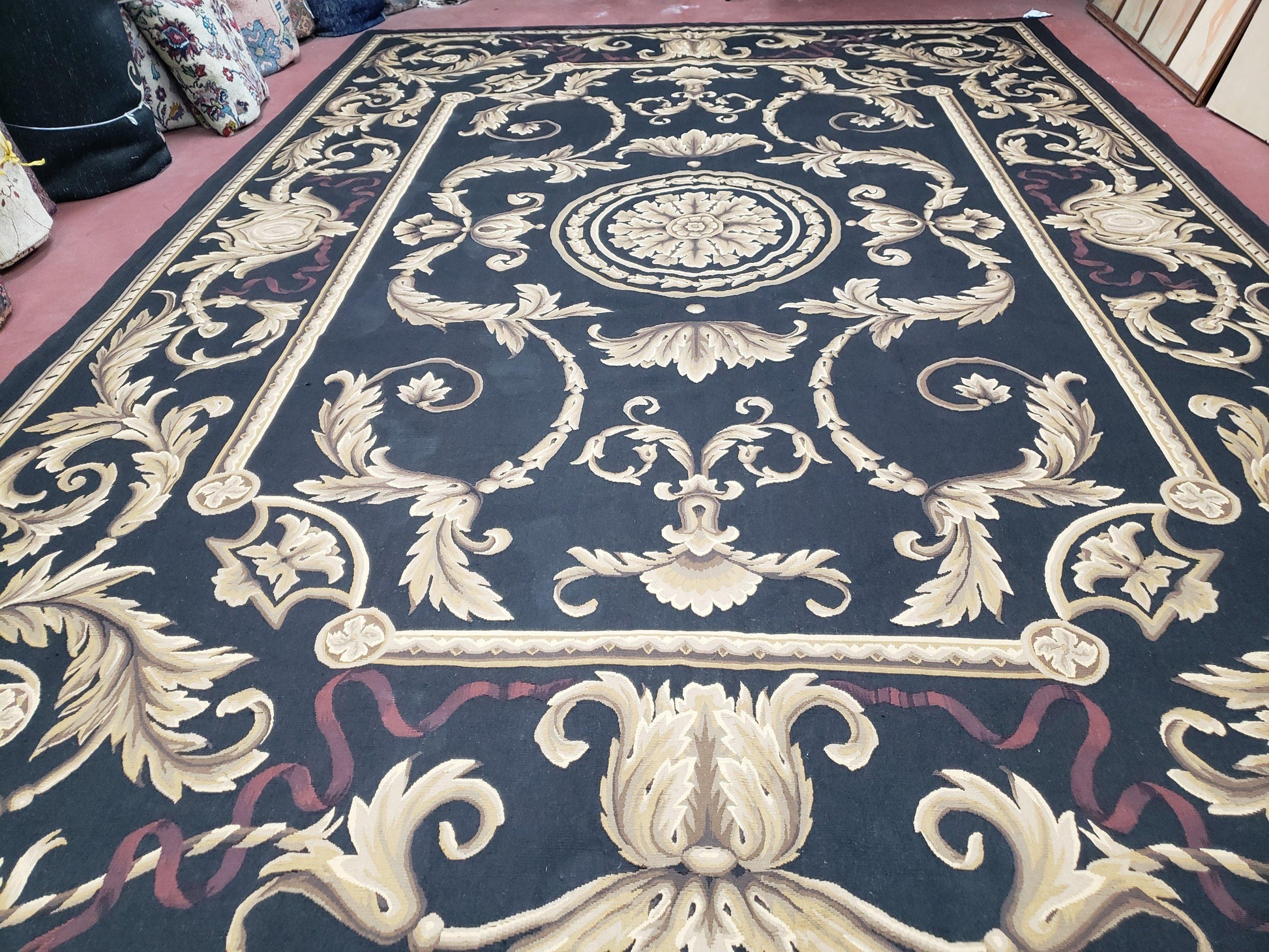Black and Tan Aubusson Rug, 10 x 14 Aubusson Carpet, New Aubusson Rug, Elegant, Wool, Handmade Area Rug, Flatweave Rug, Large Aubusson Rug - Nuvé