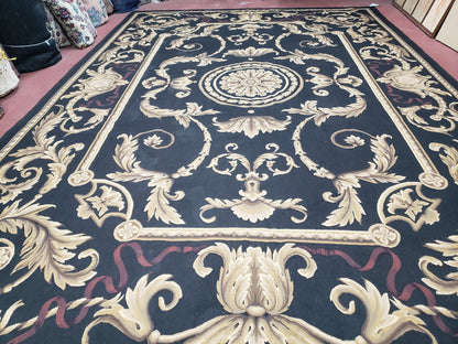 Black and Tan Aubusson Rug, 10 x 14 Aubusson Carpet, New Aubusson Rug, Elegant, Wool, Handmade Area Rug, Flatweave Rug, Large Aubusson Rug - Nuvé