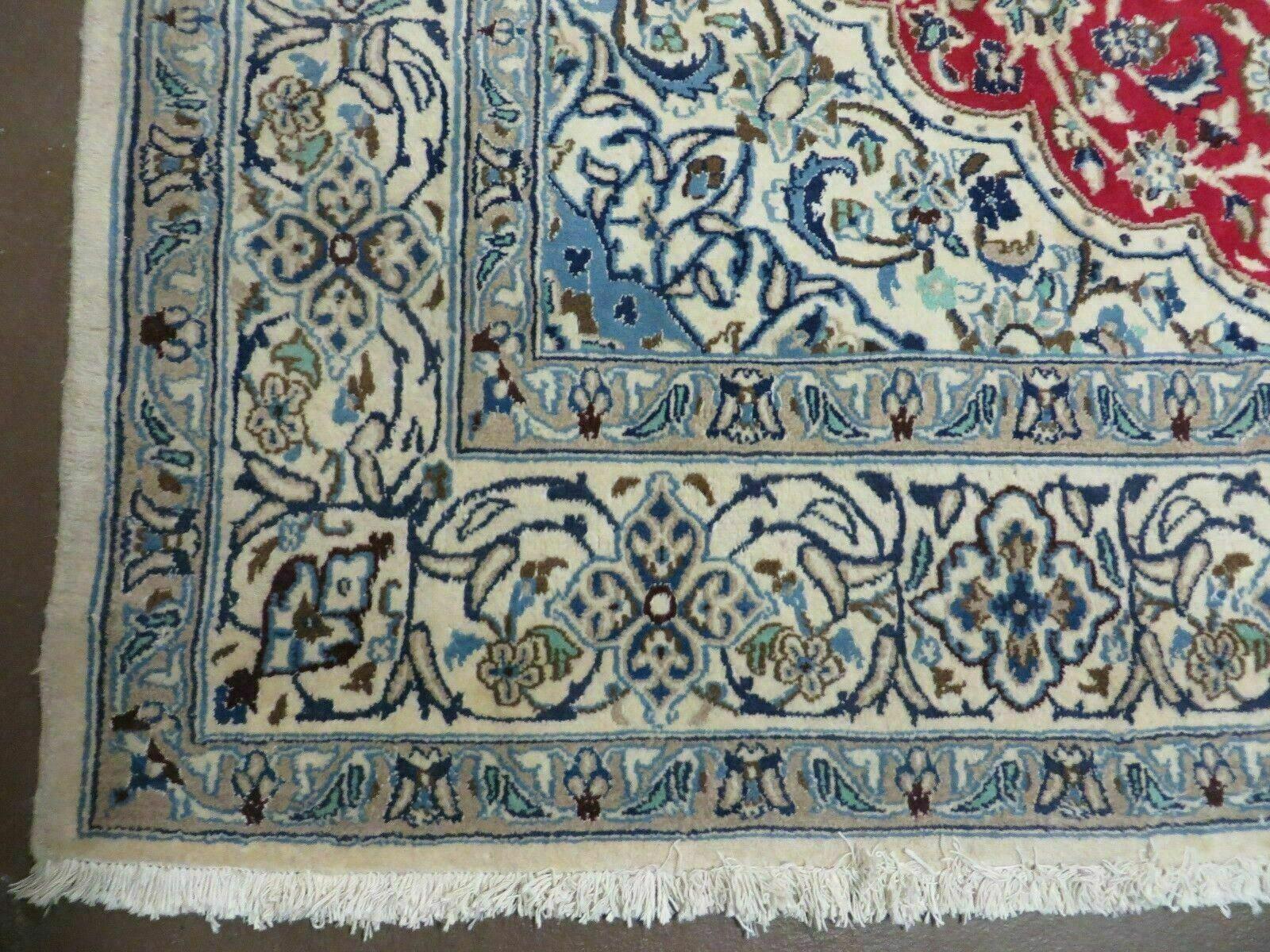 Square Persian Nain Rug 6.3 x 6.8, Hand-Knotted Wool with Silk Accents, Ivory Red Blue - Nuvé
