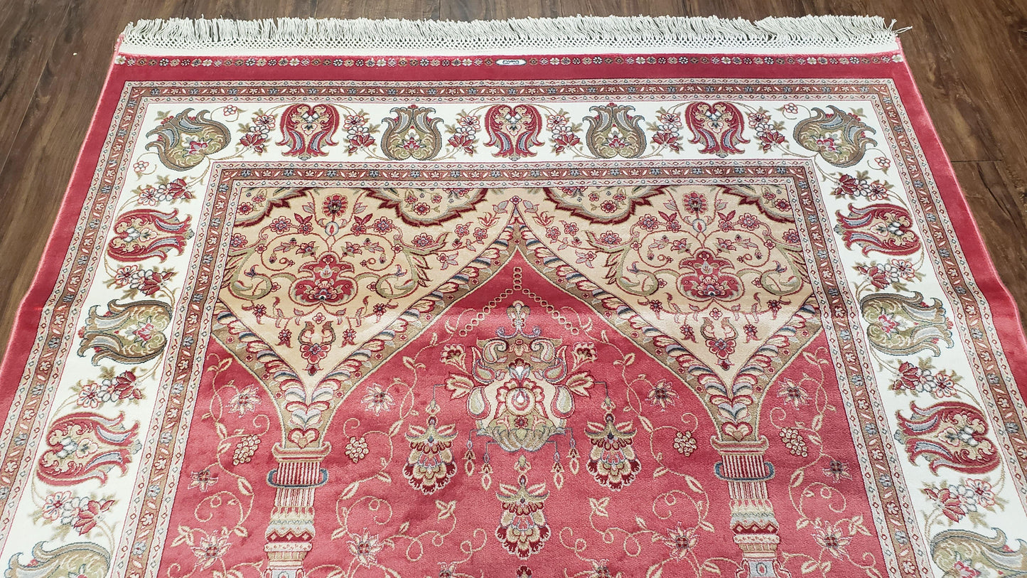 4 x 6 Silk Carpet Red, Traditional Oriental Rug 4x6, Flower Vase Columns, Turkish Rug New, High Quality, Bamboo Silk, Area Rug - Nuvé