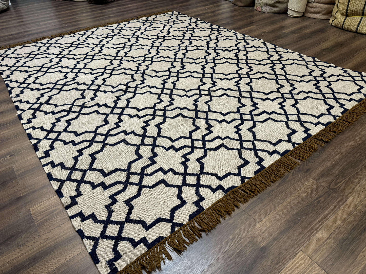 Indian Kilim Rug 8x10, Oat and Navy Blue, Dhurrie Carpet, Handmade, Wool - Nuvé