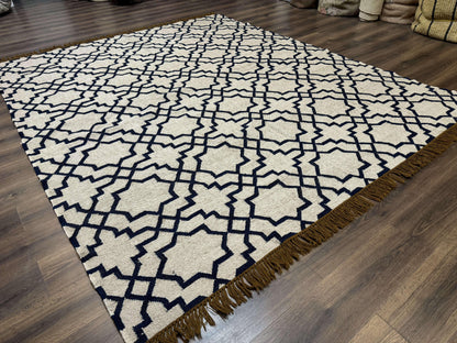 Indian Kilim Rug 8x10, Oat and Navy Blue, Dhurrie Carpet, Handmade, Wool - Nuvé