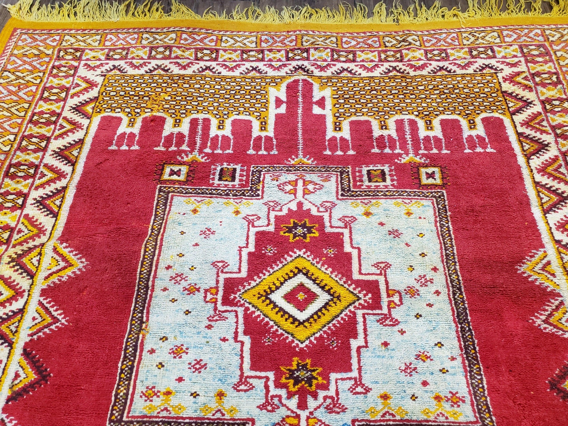 Vintage Moroccan Rug 6x10, Red and Yellow Moroccan Carpet, Handmade Bohemian Tribal Area Rug, Hand-Knotted 1970s Wool Rug, Medalions - Nuvé