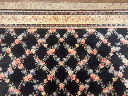 8.8 x 12 Karastan Garden of Eden Rug, Ebony Trellis #509/1270, Black, Floral, Wool Pile, Vintage, Discontinued - Nuvé