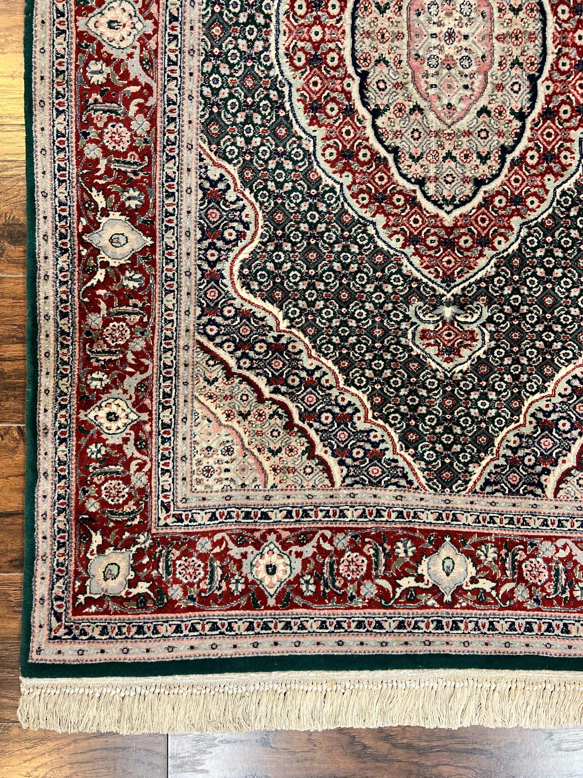 Sino Persian Rug 4x6, Wool with Silk Highlights, Fine Hand Knotted Carpet, Green & Maroon Red, Herati Medallion, Vintage Rug - Nuvé