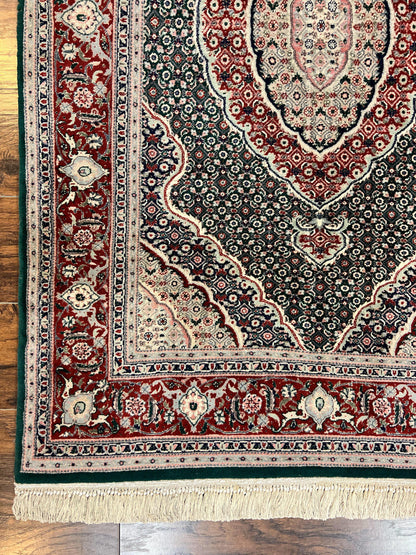 Sino Persian Rug 4x6, Wool with Silk Highlights, Fine Hand Knotted Carpet, Green & Maroon Red, Herati Medallion, Vintage Rug - Nuvé