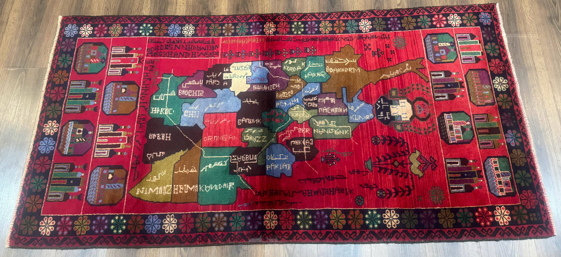 Afghan Rug 3x7, Map of Afghanistan, War Rug, Tribal Rug, Balouch Rug, New, Red - Nuvé