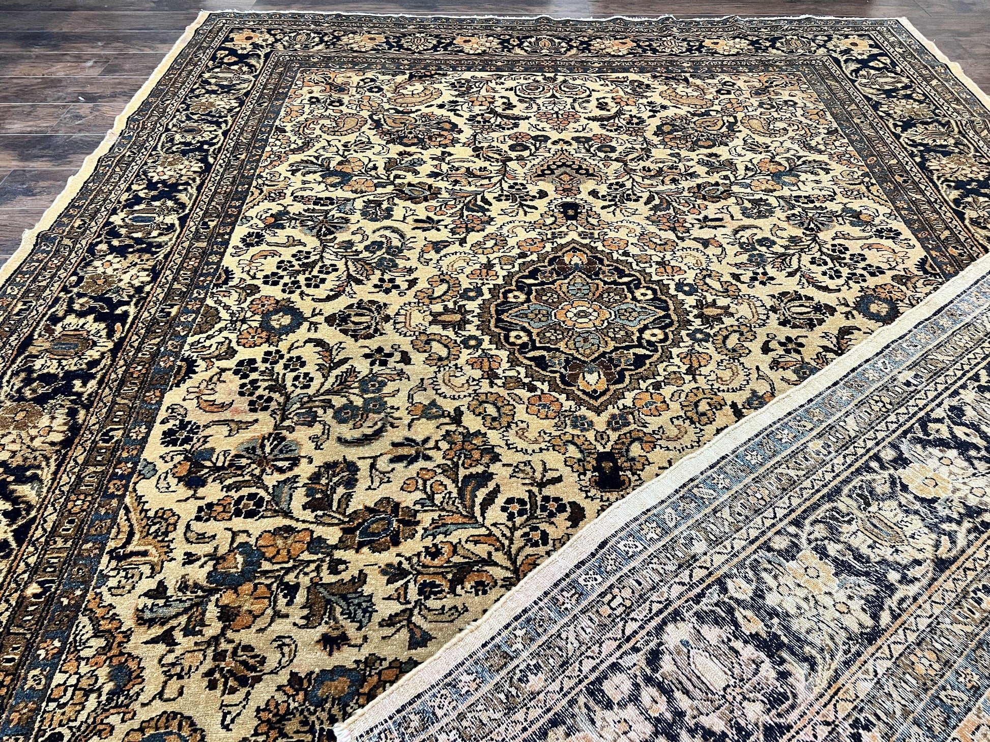 Antique Persian Rug 9x11, Wool Handmade 1920s Oriental Carpet, Persian Hamadan Anjelas Rug, Cream Black, Floral Allover Oriental Rug 9 x 11 Room Sized Rug - Nuvé