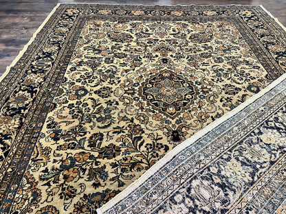 Antique Persian Rug 9x11, Wool Handmade 1920s Oriental Carpet, Persian Hamadan Anjelas Rug, Cream Black, Floral Allover Oriental Rug 9 x 11 Room Sized Rug - Nuvé
