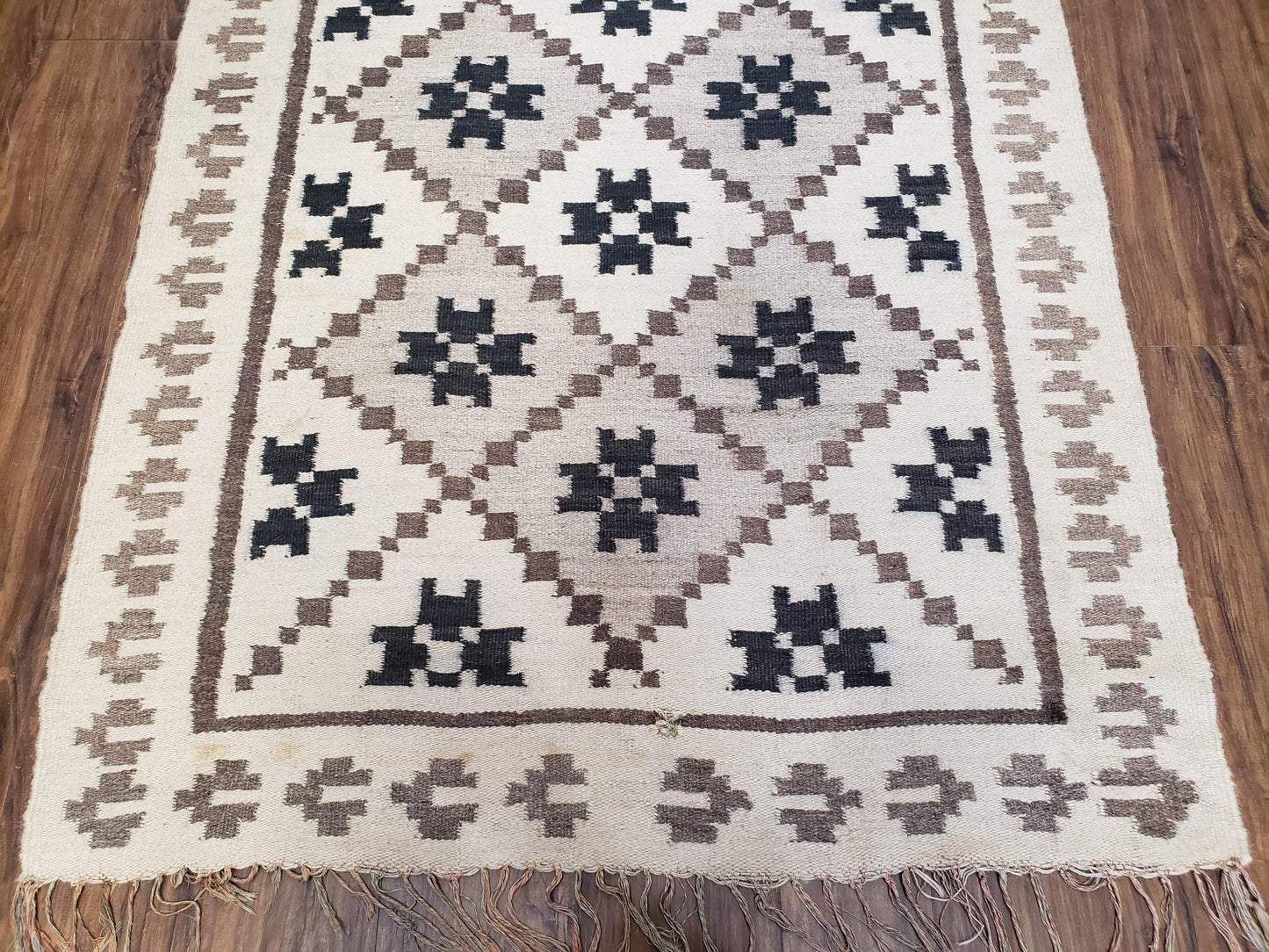 Semi Antique South American Blanket 4x8, Wool Hand-Woven Flatweave Kilim Rug, Handmade Antique Vintage Runner, Ivory & Blue, Diamond Panel - Nuvé