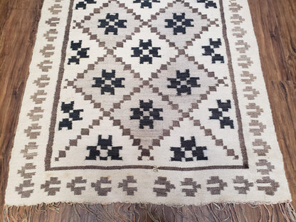 Semi Antique South American Blanket 4x8, Wool Hand-Woven Flatweave Kilim Rug, Handmade Antique Vintage Runner, Ivory & Blue, Diamond Panel - Nuvé